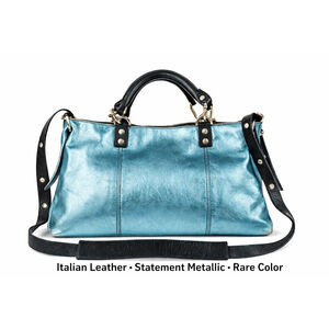 Plinio Visona Metallic Leather Satchel Blue Teal Italian Shoulder Bag